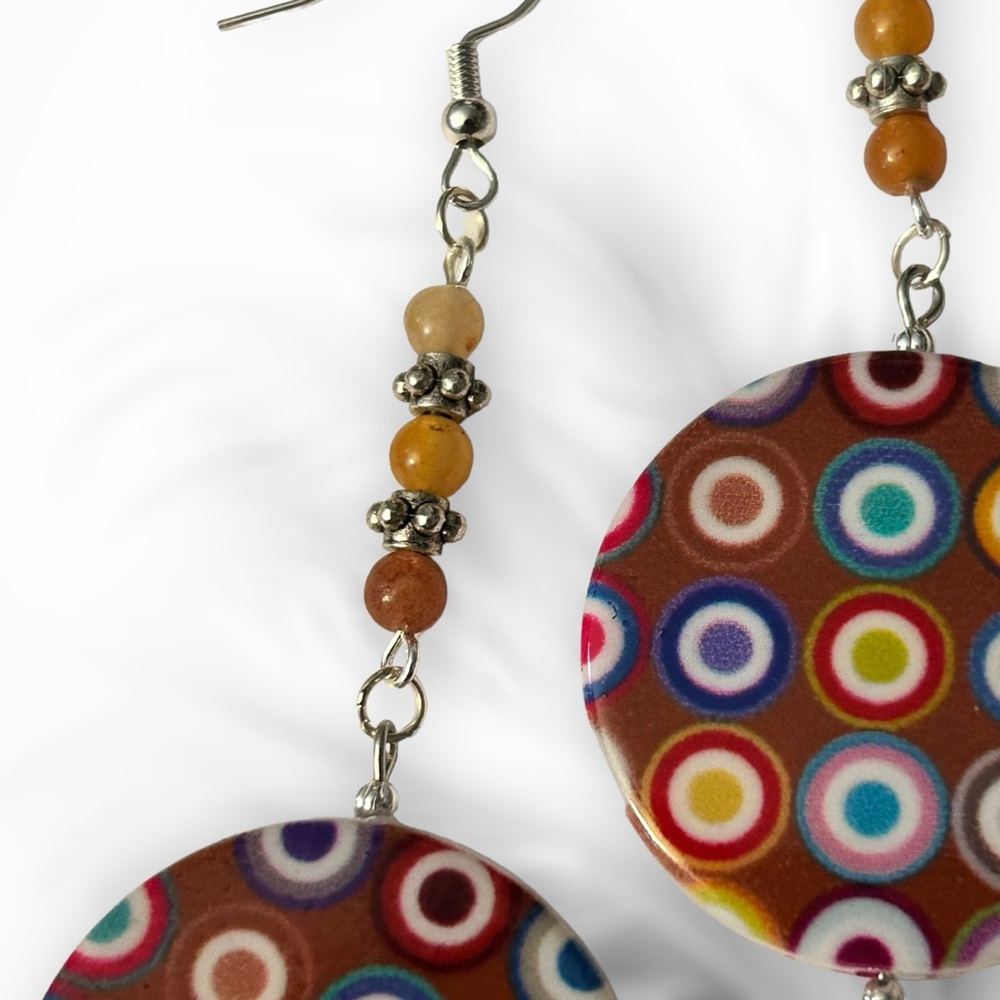 Hand Crafted Earrings Circles Geometric Boho Dangle Silver Brown Yellow Pierced - Picture 6 of 10
